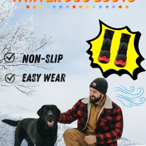 FrostPaw Winter Dog Boots with non-slip and easy wear features, shown on a dog in a snowy landscape with a smiling man. Ideal for winter protection and outdoor adventures.